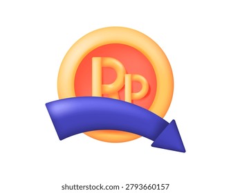The concept of the decline of the Rupiah currency. The Rupiah currency weakened and fell drastically. Economic problems. 3D style illustration of a downward arrow, gold coins, and the Rupiah symbol. Decorative elements. Symbols. 3D vector