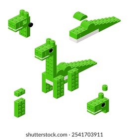 Conceito com desconstrução Brontossauro de blocos de plástico. Ilustração vetorial