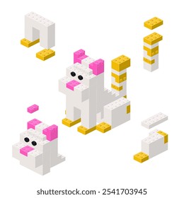 Concept with deconstruction cat from plastic blocks. Vector illustration