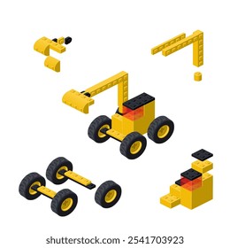 Concept with deconstruction Excavator from plastic blocks. Vector illustration