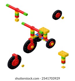 Concept with deconstruction tricycle from plastic blocks. Vector clipart