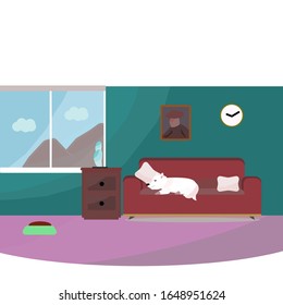 
The concept is to decorate the living room with windows and mountain views, clocks, sofas, picture frame pillows and white cute dogs sleeping.