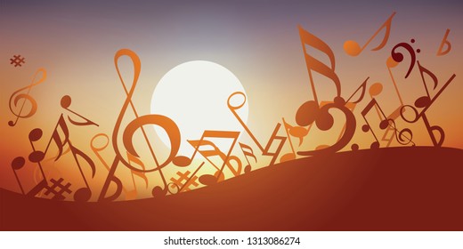 Concept of decoration to illustrate a dynamic musical event, with a multitude of notes of music that parade in front of a sunset