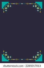 The concept of a decorative background in ethnic style for a menu background or cover. Geometric floral ornament on a dark background with corner elements. Flat illustration.
