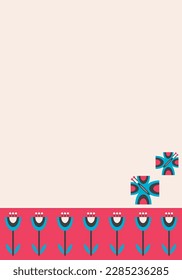The concept of a decorative background in a minimalist style for a menu background, price list. Geometric horizontal ornament with stylized butterflies and bells. Illustration in flat graphic style.
