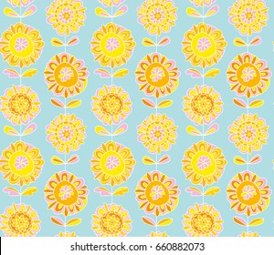 Concept decorative Marigold flower 60s style background. vector seamless pattern for surface design, fabric, wrapping paper
