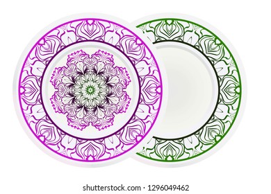 Concept Decorative plates with Mandala ornament patterns. Home decor background. Vector illustration