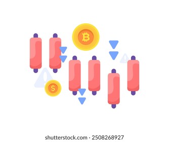 Concepto de disminución del valor de venta de Bitcoin. La ilustración del movimiento del mercado de Bitcoin sigue disminuyendo. Candelero y moneda. Declive y recesión. Diseño de estilo plano. Elementos gráficos