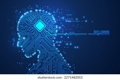 concept of deep learning or machine learning, graphic of artificial intelligence shape combined with electronic pattern