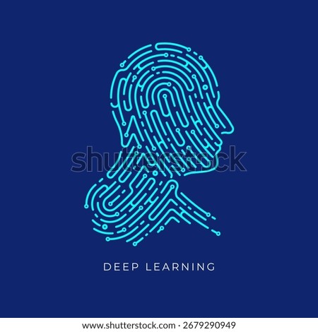 concept of deep learning or machine learning, graphic of AI head combined with fingerprint pattern