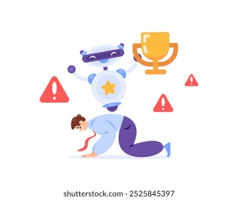 concept of defeat and artificial intelligence. employee fails to compete with AI technology. illustration of a male worker being defeated by a robot. flat style design. elements