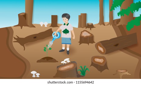 Concept of deforestation,a boy watering a tree in the middle of log and stump,vector illustration.