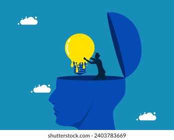 concept is degenerate. Businessman lifts melted brain from big head. vector 