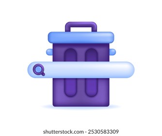 Concepto de Borrar y limpieza. Eliminar rastros de búsqueda. Historial de navegación limpio y claro. Ilustración de la papelera con barra de búsqueda. Símbolo o icono. Diseño minimalista de estilo 3D. Elemento