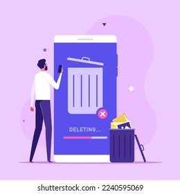 Concept of delete file, cleaning smartphone, removing process. Man cleaning phone, smartphone with trash can sign. User removing files or documents to waste bin. Flat vector illustration