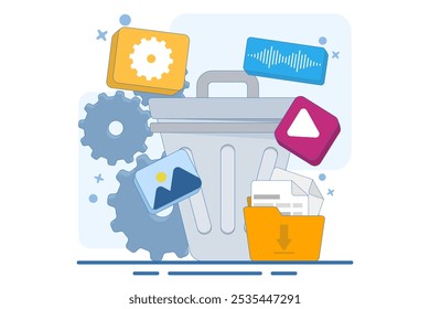 concept of Deleting data and moving unnecessary files to trash, Cleaning digital memory, Deleting documents in trash, Cleaning software, vector flat illustration template.