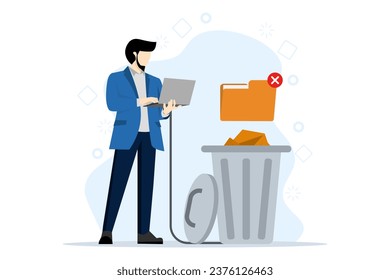 Concept of deleting files, cleaning computer, deleting processes. A man deletes files from a laptop to the trash. The user deletes the folder with documents to the trash. Flat vector illustration.