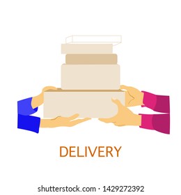 Concept of delivering. Human hands hold boxes with delivered goods and giving them one to another. colorful vector illustration. delivery concept illustration