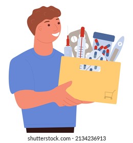 The concept of delivering medicines to the customer's door. A man brought a parcel of medicine to a customer. Flat vector illustration on white background. For print, web design.