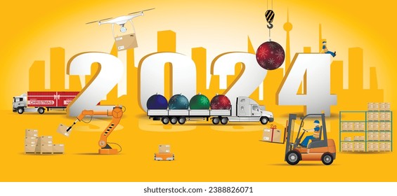 The concept of delivering New Year s cargo in the New Year 2024. Warehouse, logistics, delivery. Vector illustration.