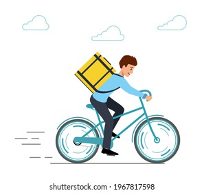 Concept of delivering online orders from online stores. Fast delivery of goods and food. Courier on  Bicycle with box. Vector illustration in flat style. 
