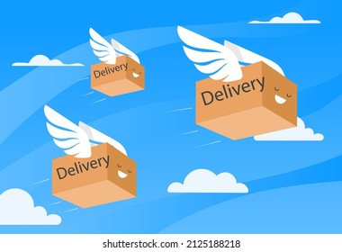 Konzept der Lieferung. Boxen mit Flügeln fliegen in den Himmel. Moderner Service und Globalisierung. Hauslieferung, Kurierdienst, Paketpost, internationaler Handel und Online-Shopping. Cartoon-Flavektor-Vektorgrafik
