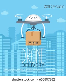 Concept of the delivery by the drone on the city background. Vector illustration.