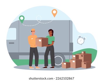 Concept of delivery. Courier hands over parcel to buyer, man with box next to truck. Online shopping and logistics, home delivery and transportation of goods. Cartoon flat vector illustration