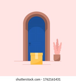 Concept Of Delivery To The Door Service Concept Of Package Cardboard Box With Food Or Groceries At Front Door. Safe Contactless Delivery. Vector Flat Illustration.