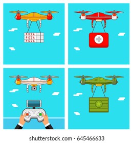 Concept of delivery. Drone control via Remote Control. Quadcopter aerial drone with camera, pizza, military box, medical box. Flat design, vector illustration.
