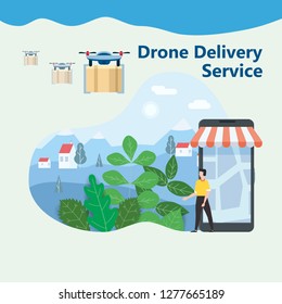 The concept of delivery of the drone flies with the mail, the delivery of parcels. Happy buyer meets flying drone with the parcel. Modern design, background landscape. Internet delivery, concept, idea