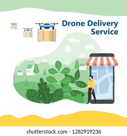 The concept of delivery of the drone flies with the mail, the delivery of parcels. Happy buyer meets flying drone with the parcel. Modern design, background landscape. Internet delivery, concept, idea