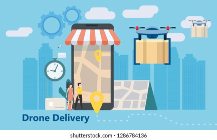 Concept of delivery of the drone flies with the mail, the delivery of parcels. Tiny people stand near a huge smartphone, order a product, a stopwatch. Landing, online delivery service, tracking online