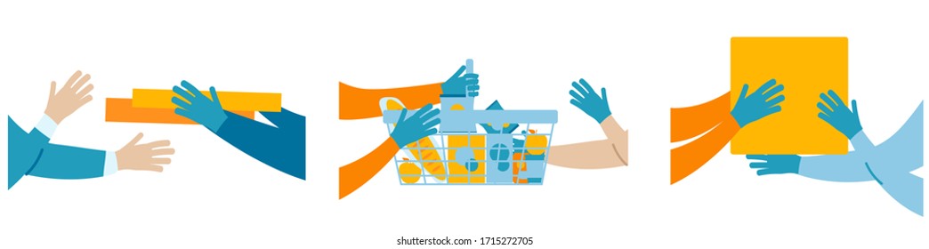 Concept of delivery of goods during the epidemic. Gloved courier handing over box. Set vector illustration in flat cartoon style.