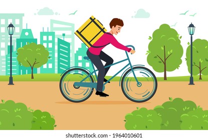 Concept delivery of goods and food. Courier rides Bicycle through the city Park. Fast and safe delivery. Template layout  delivery. Horizontal Vector illustration.