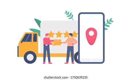 concept of delivery of goods or packages, location tracking or GPS, delivery services. A courier ties the package to the customer. flat design. can be used for elements, landing pages, UI.