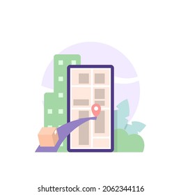 concept of delivery of goods, delivery services, location and gps. smartphone illustration, map, package box. flat cartoon style. vector design. technology