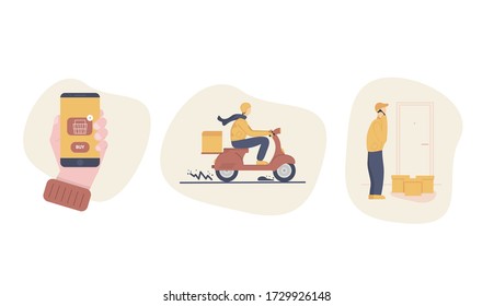 Concept of delivery for mobile app. Shopping online, delivering package, courier calling customer, waiting at the door with parcel.  Flat vector illustration on isolated white background.