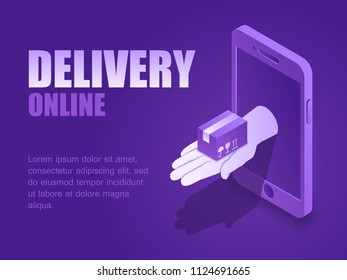 Concept delivery online. Vector illustration isometric hand with delivery postal package of smartphone screen landing page