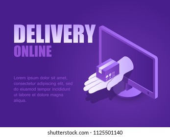 Concept delivery online. Vector illustration isometric hand with delivery postal parcel of computer monitor landing page