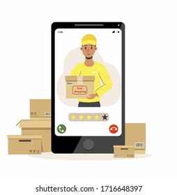 The concept of the delivery of parcels, cargo from the phone online. Fast online tracking and order evaluation. Male courier holding a box in his hands. Isolated vector illustration in cartoon style.
