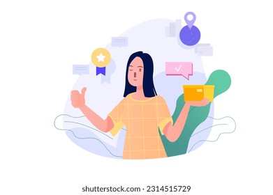 Concept delivery with people scene in the flat cartoon design. The girl received a small gift box from the courier. Vector illustration.