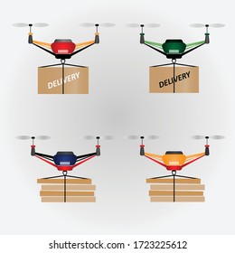 Concept for delivery service. Delivery drone with the package. Quadcopter transportation of goods.