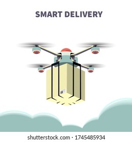 Concepto de servicio de entrega. Entrega drone con el paquete. ilustración vectorial.