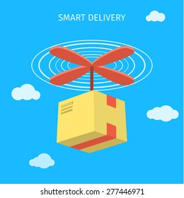 Concept for delivery service. Delivery drone with the package. Flat design colored vector illustration.