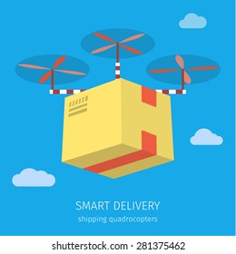 Concept for delivery service. Delivery drone with the package. Flat design colored vector illustration.