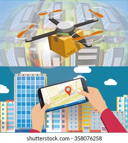 Concept for delivery service. Delivery drone with the package over town. And remote contriol by smartphone.