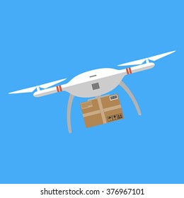 Concept for delivery service. Delivery drone with the package. Flat design colored vector illustration.
