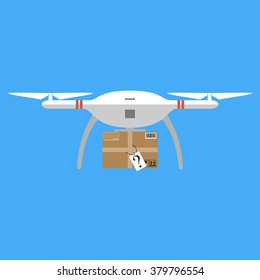 Concept For Delivery Service. Delivery Drone With The Package. Flat Design Colored Vector Illustration.