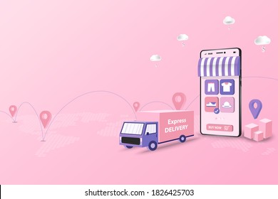 Concept of delivery service and express delivery, truck is ready to deliver the goods to customer that ordered from the application on mobile in pink and purple color theme. Vector 3D design.